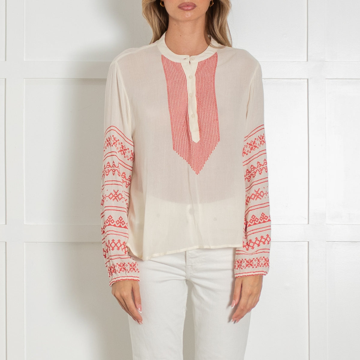 Maison Hotel Cream Blouse with Red Embroidery Stitching