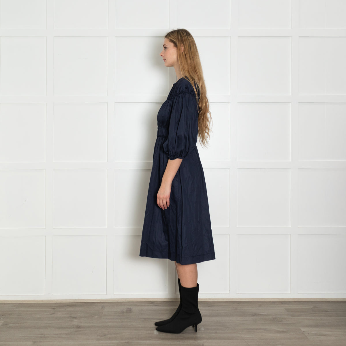 Kitri Navy Shirred Midi Dress with Zip Front