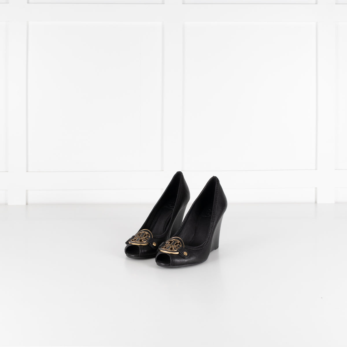 Tory Burch Black Grainy Leather & Gold Medallion Wedge Heels