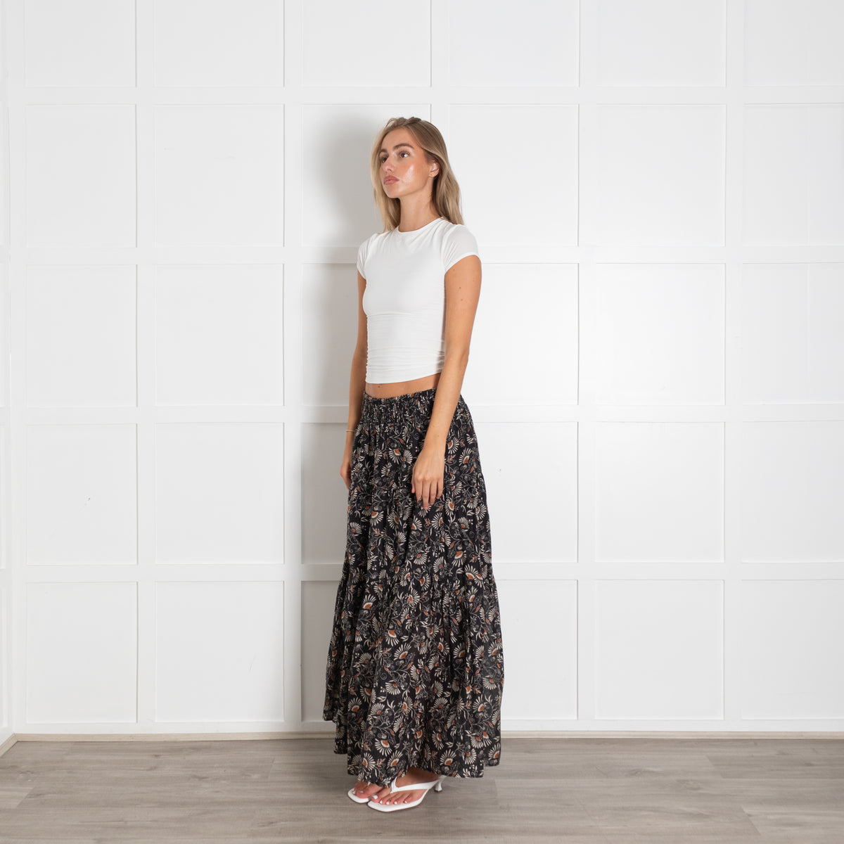 Rails Black Brown Floral Tiered Maxi Skirt