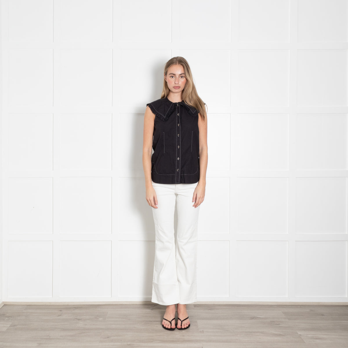 Ganni Black Cotton Sleeveless Big Collar Top