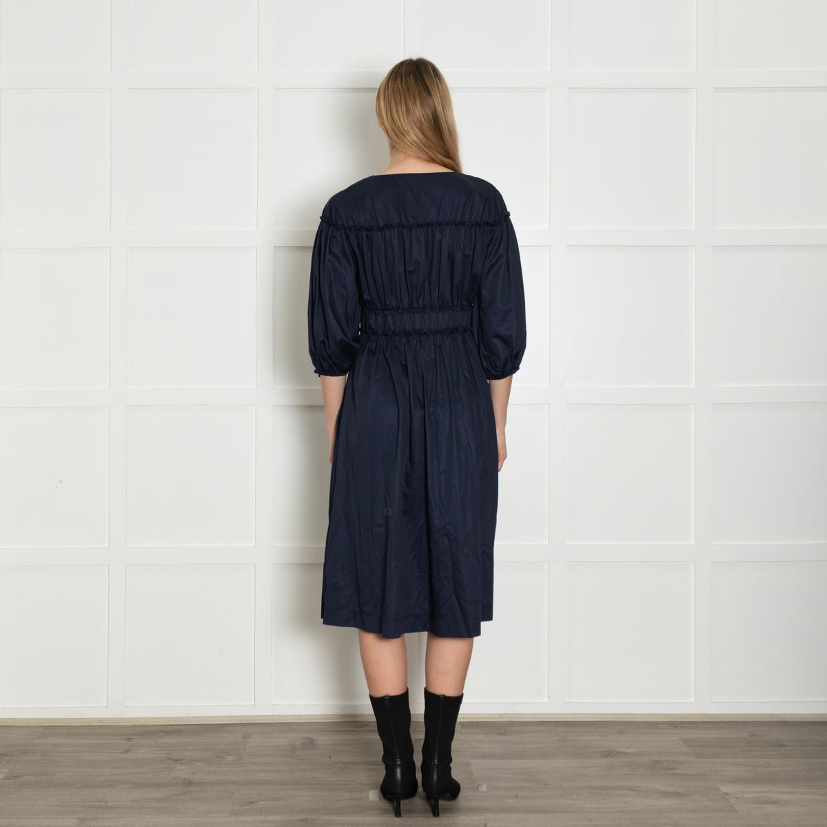 Kitri Navy Shirred Midi Dress with Zip Front