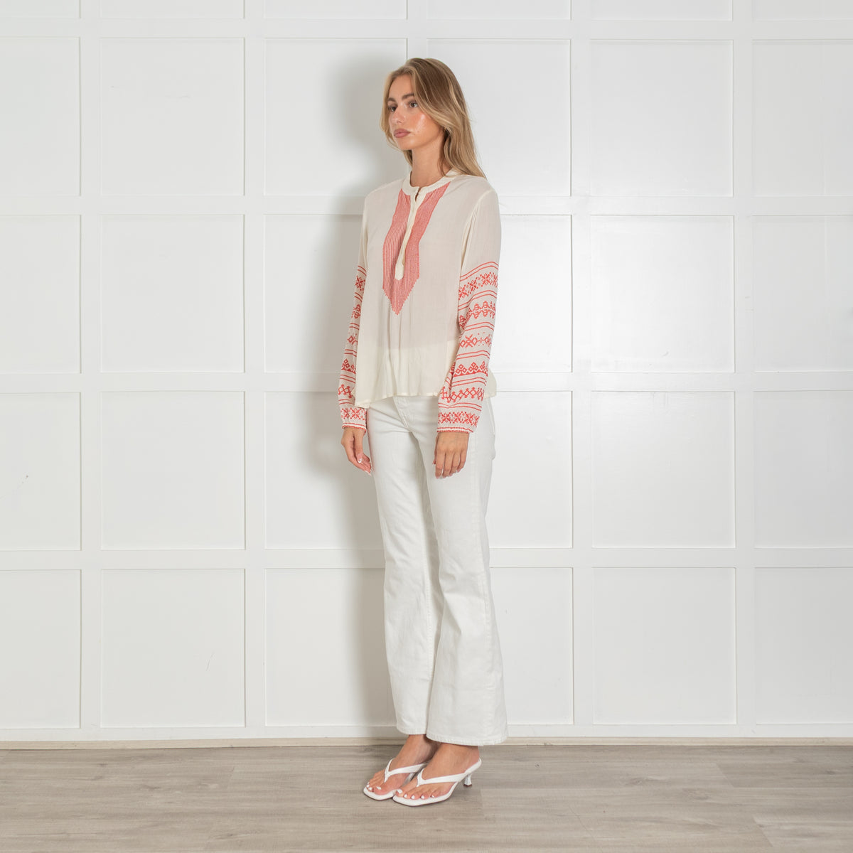 Maison Hotel Cream Blouse with Red Embroidery Stitching