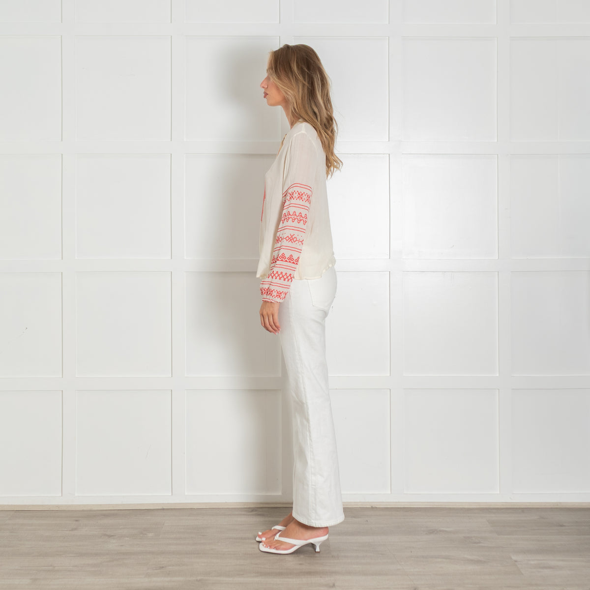 Maison Hotel Cream Blouse with Red Embroidery Stitching