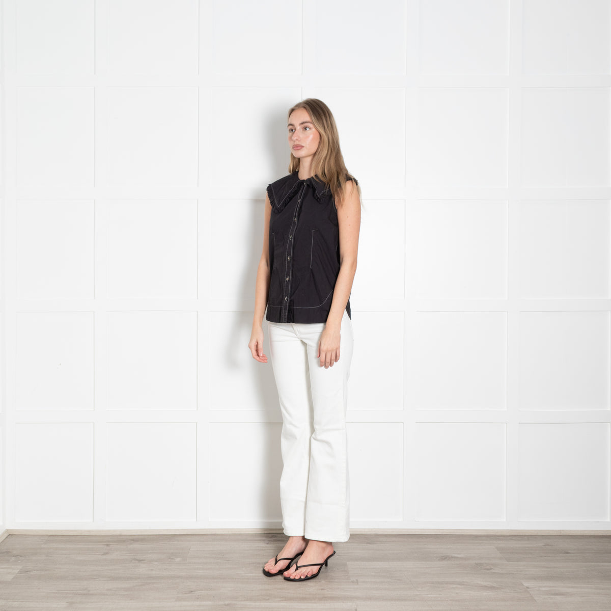 Ganni Black Cotton Sleeveless Big Collar Top