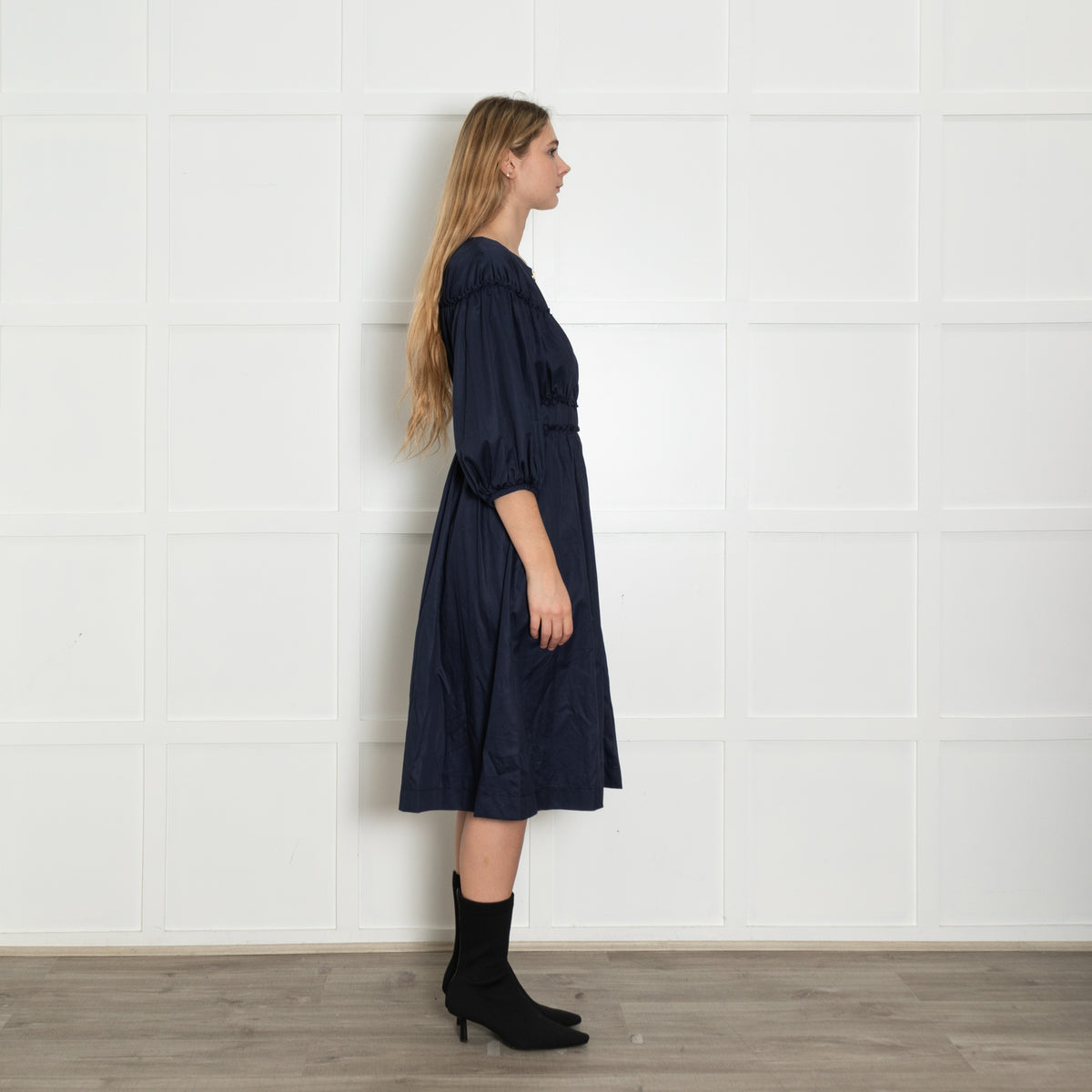 Kitri Navy Shirred Midi Dress with Zip Front
