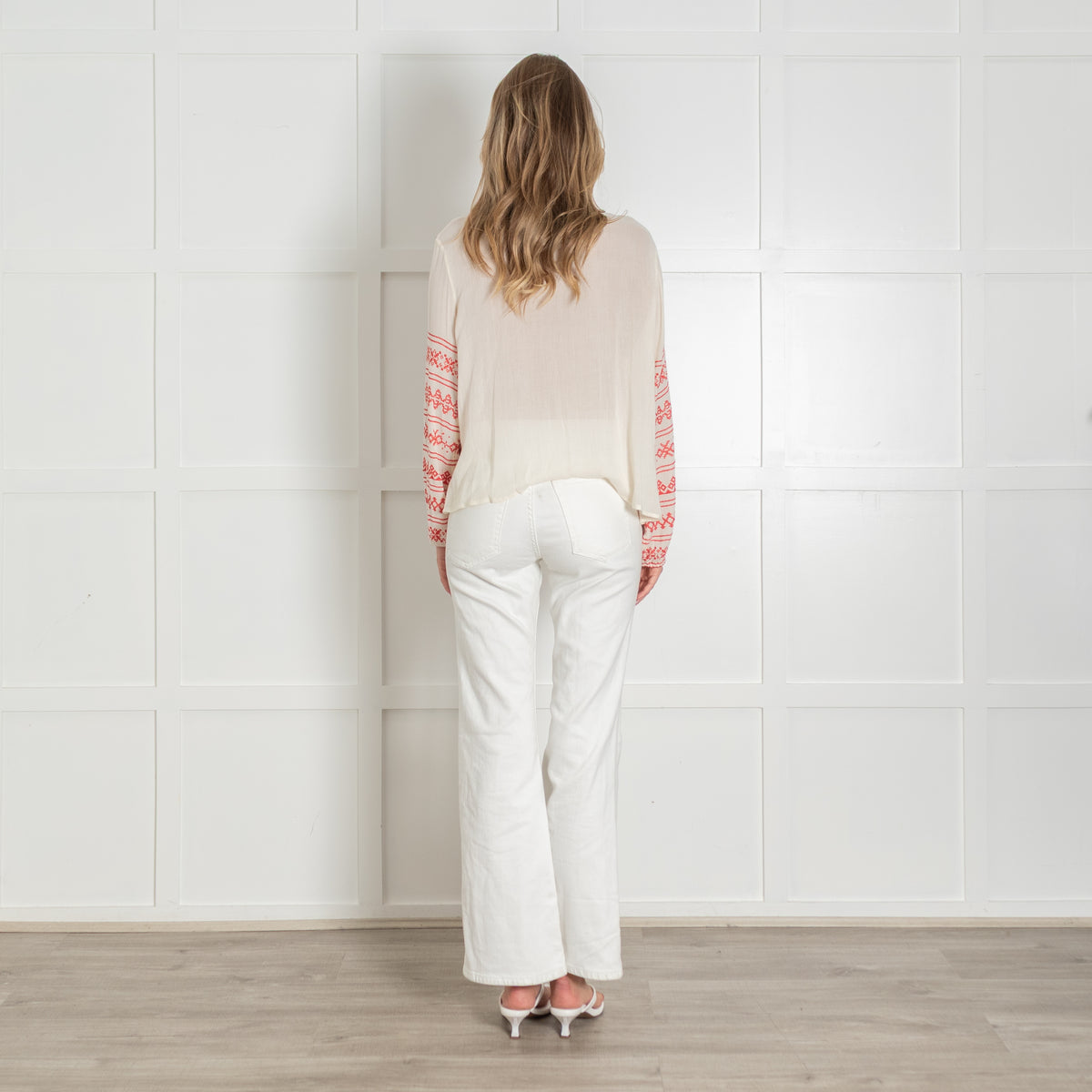 Maison Hotel Cream Blouse with Red Embroidery Stitching