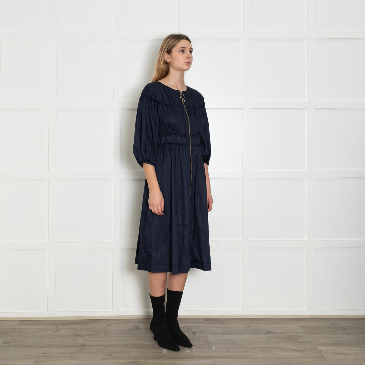 Kitri Navy Shirred Midi Dress with Zip Front
