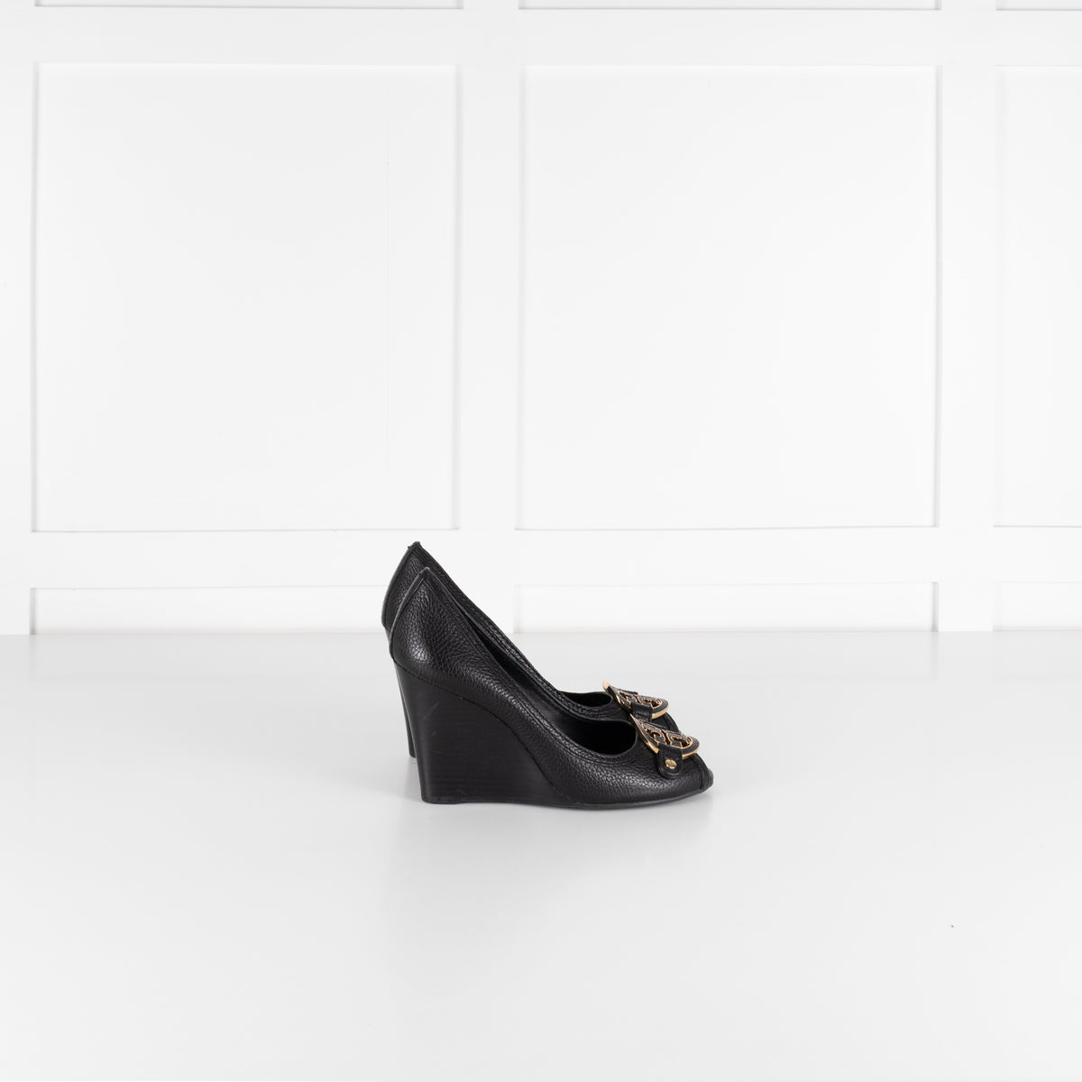 Tory Burch Black Grainy Leather & Gold Medallion Wedge Heels