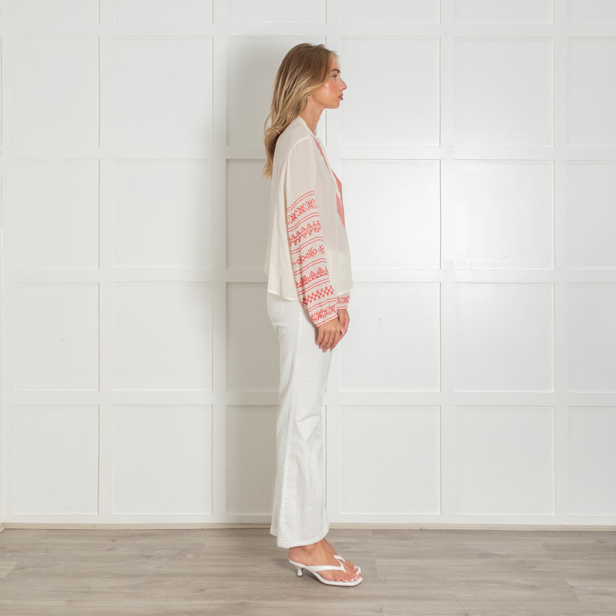 Maison Hotel Cream Blouse with Red Embroidery Stitching