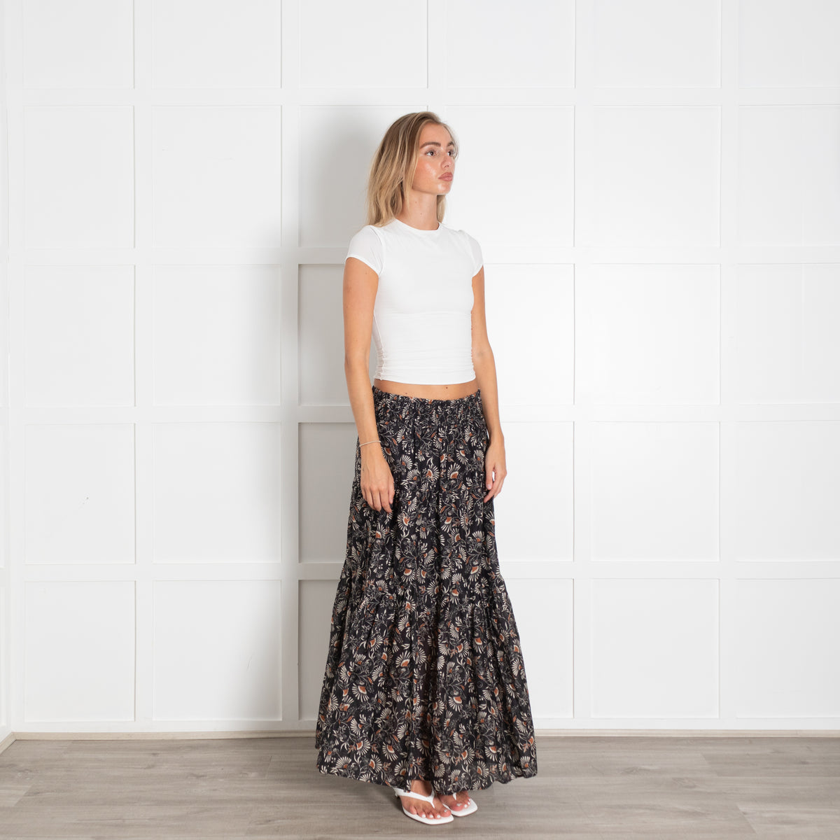 Rails Black Brown Floral Tiered Maxi Skirt