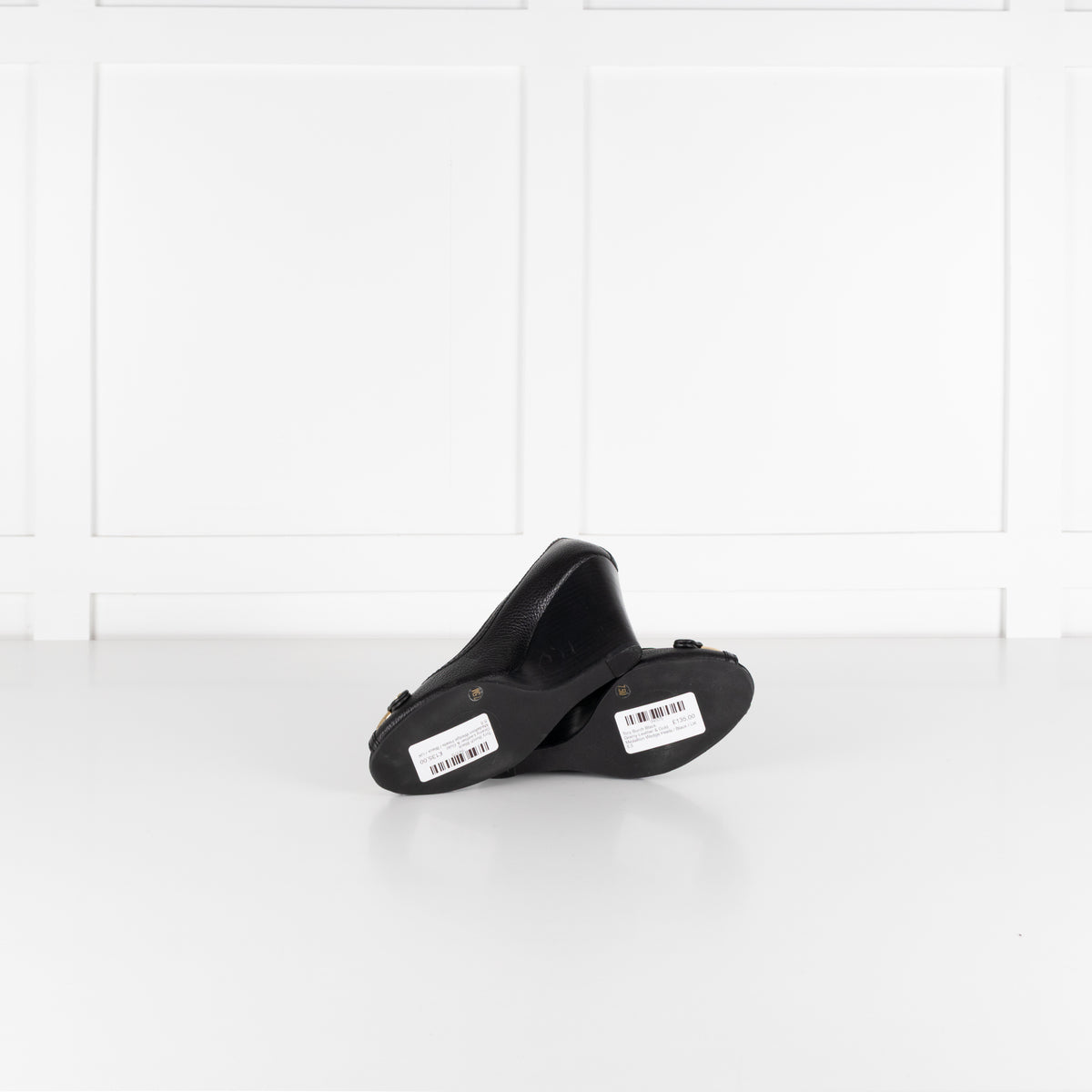 Tory Burch Black Grainy Leather & Gold Medallion Wedge Heels