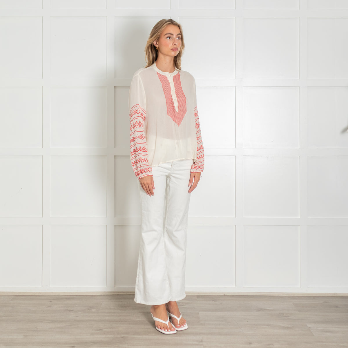 Maison Hotel Cream Blouse with Red Embroidery Stitching
