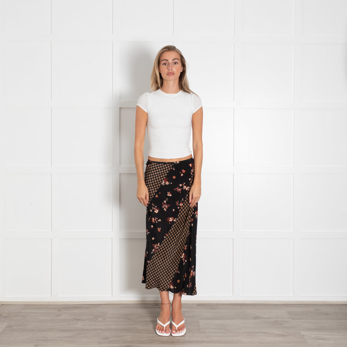 Rixo Black Silk Floral Geometric Print Midi Skirt