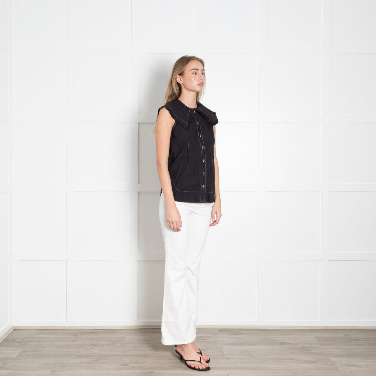 Ganni Black Cotton Sleeveless Big Collar Top