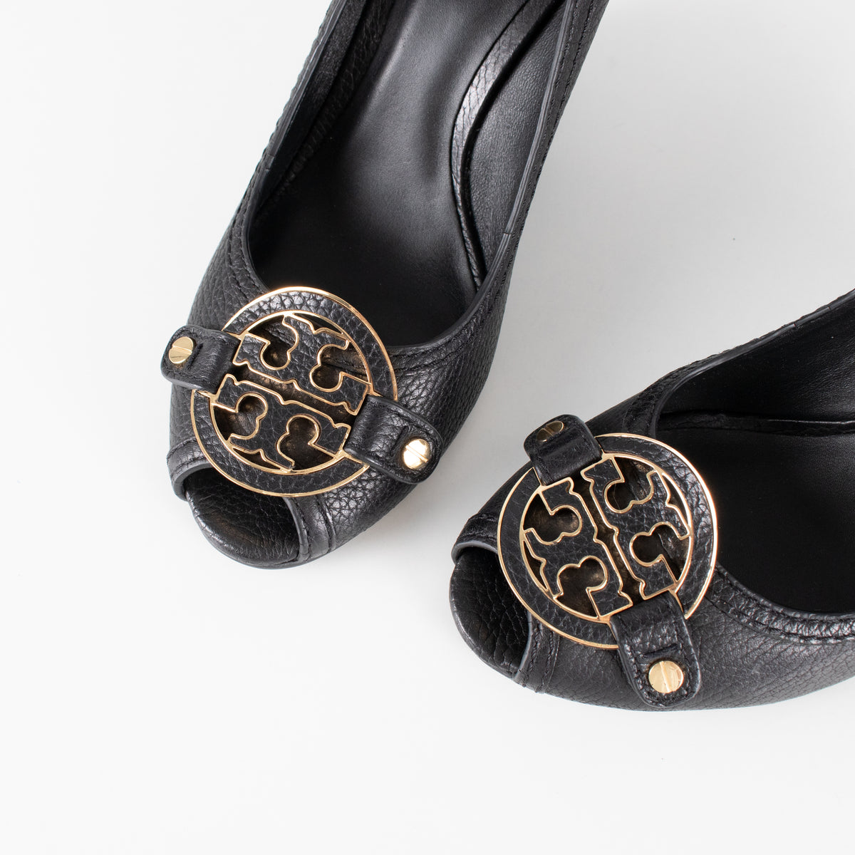 Tory Burch Black Grainy Leather & Gold Medallion Wedge Heels