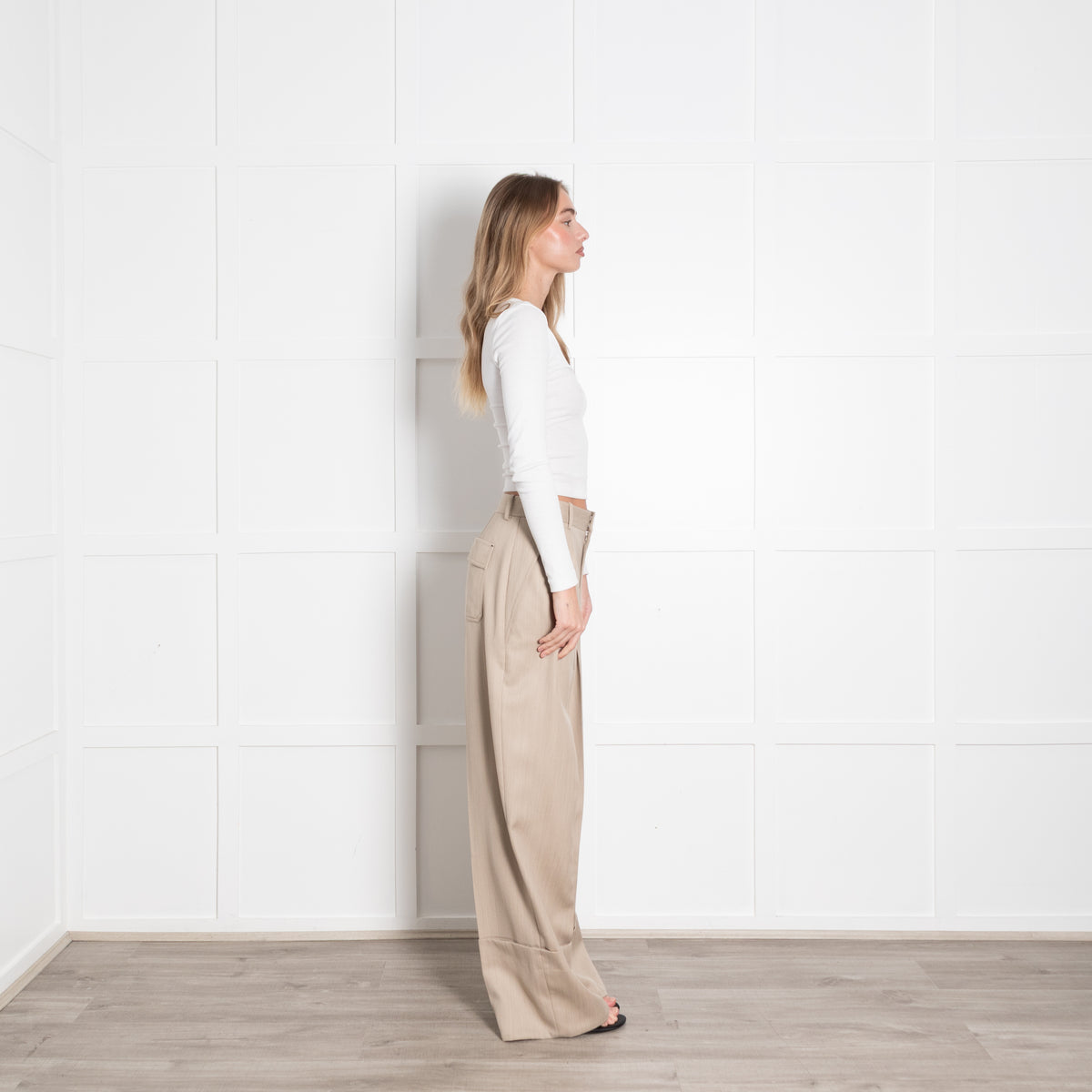 Victoria Beckham Beige Wide Leg Pleat Front Trouser With Turn Up