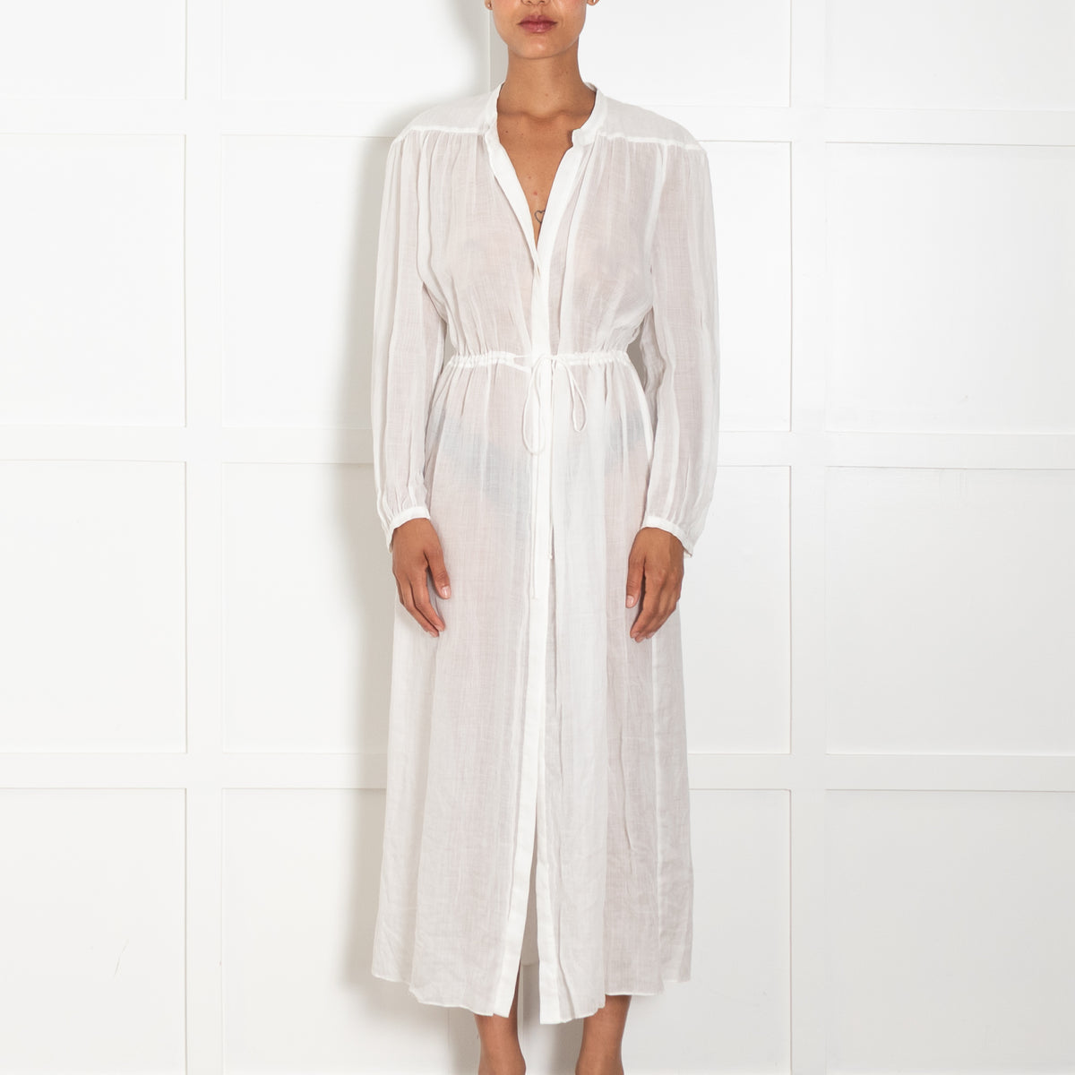 Three Graces White Ramie Sheer Maxi Shirt Dress With Drawstring Waist