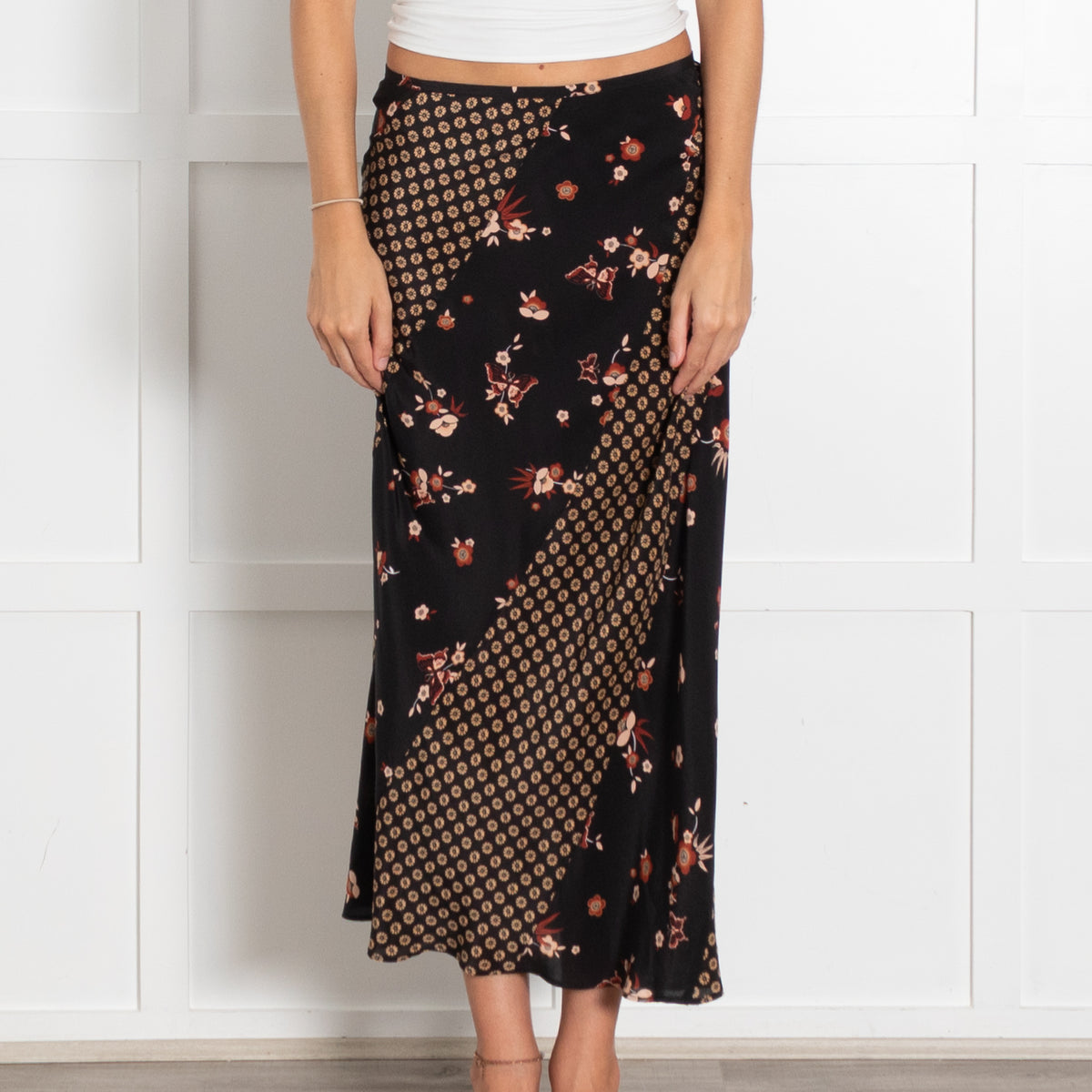Rixo Black Silk Floral Geometric Print Midi Skirt