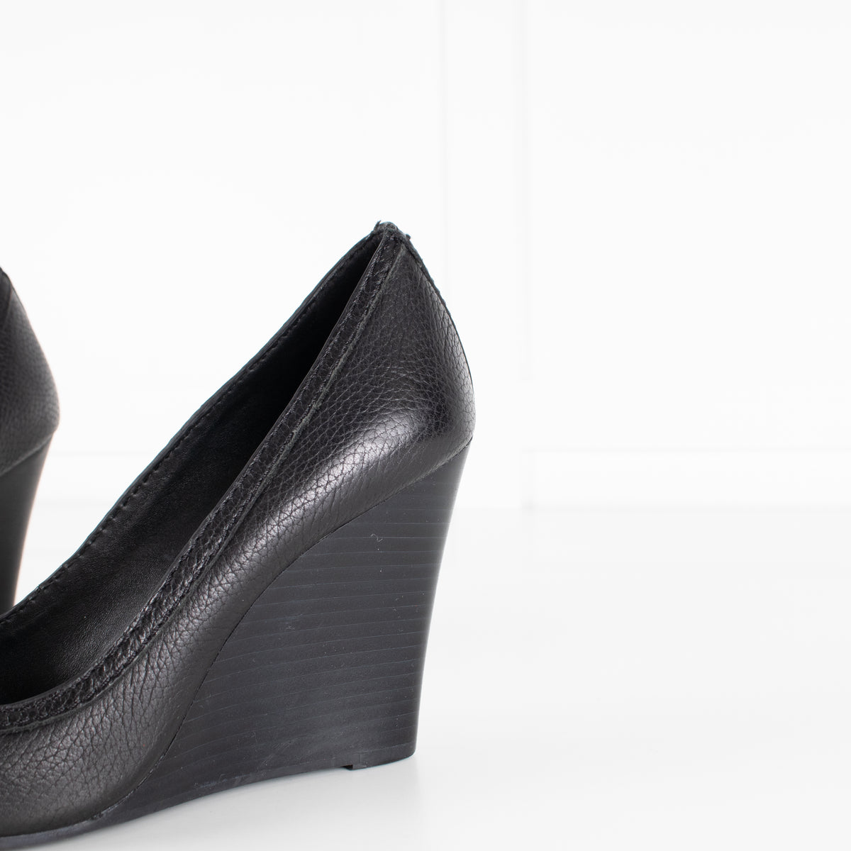 Tory Burch Black Grainy Leather & Gold Medallion Wedge Heels