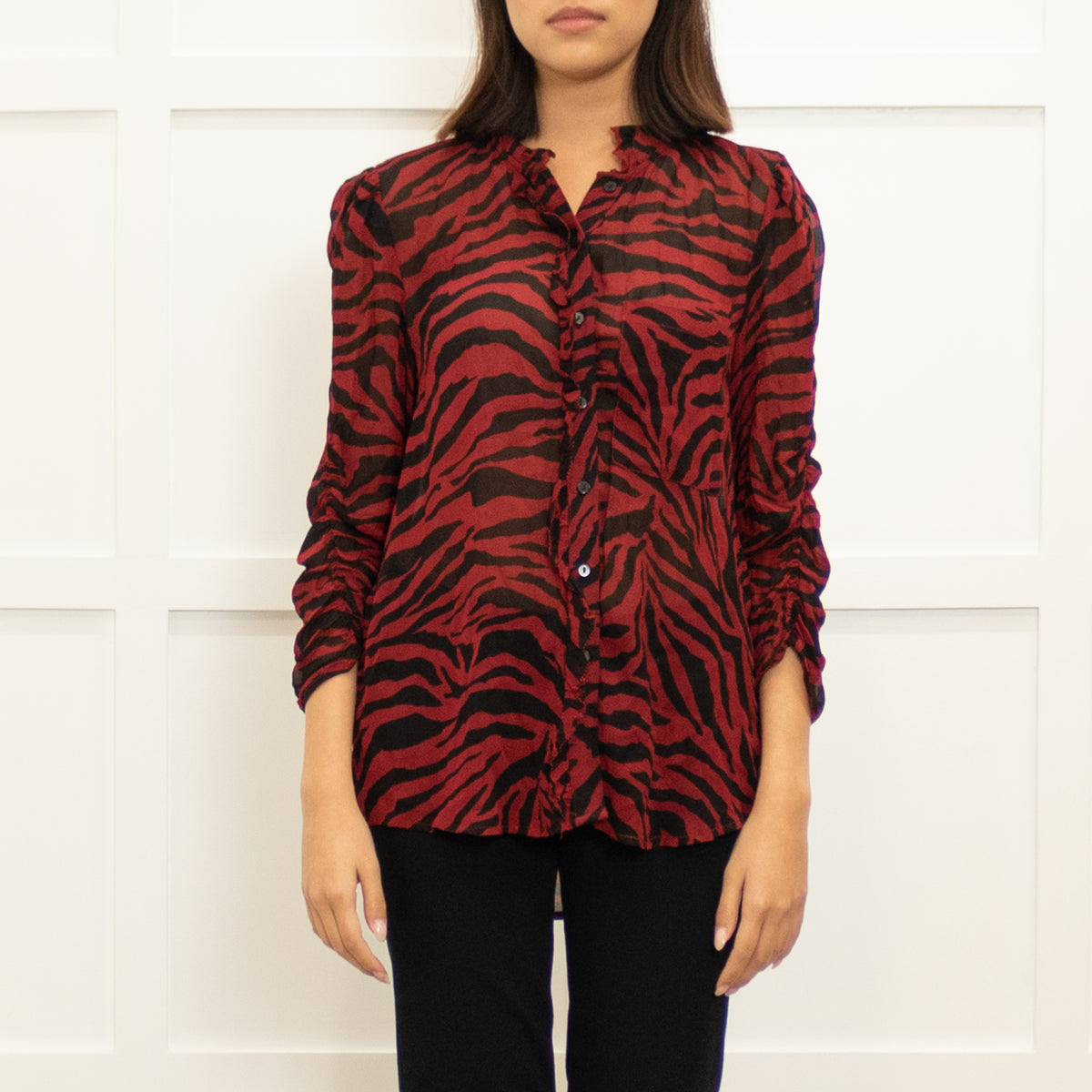 Ba&Sh Dark Red Black Zebra Print Sheer Blouse
