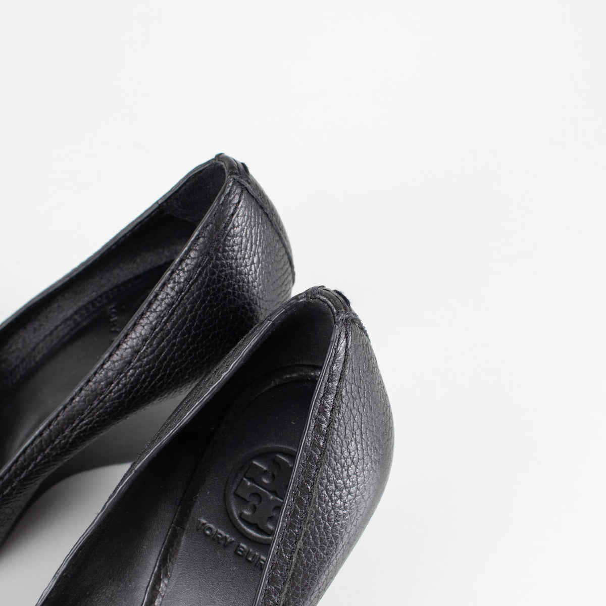 Tory Burch Black Grainy Leather & Gold Medallion Wedge Heels