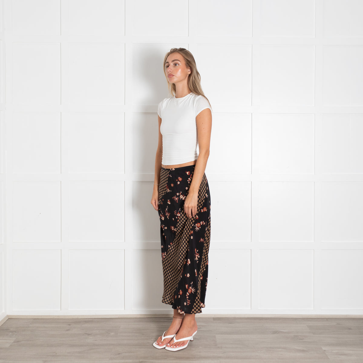 Rixo Black Silk Floral Geometric Print Midi Skirt