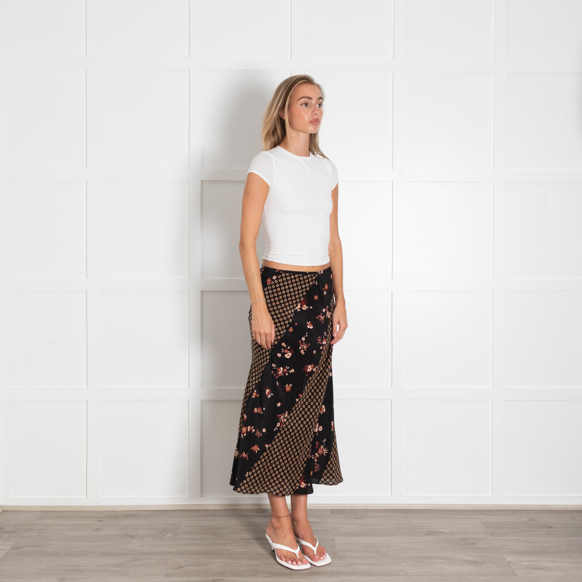 Rixo Black Silk Floral Geometric Print Midi Skirt