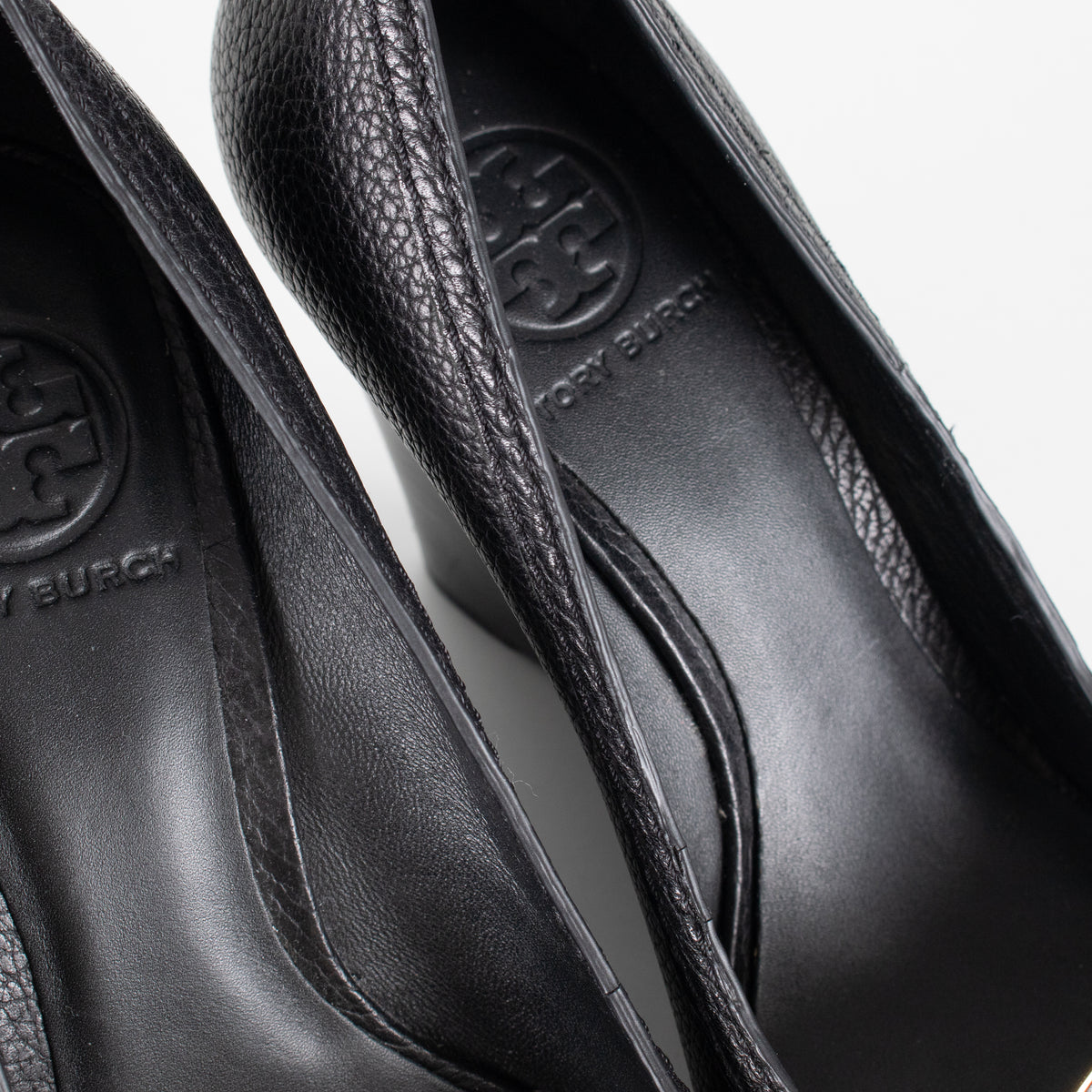 Tory Burch Black Grainy Leather & Gold Medallion Wedge Heels