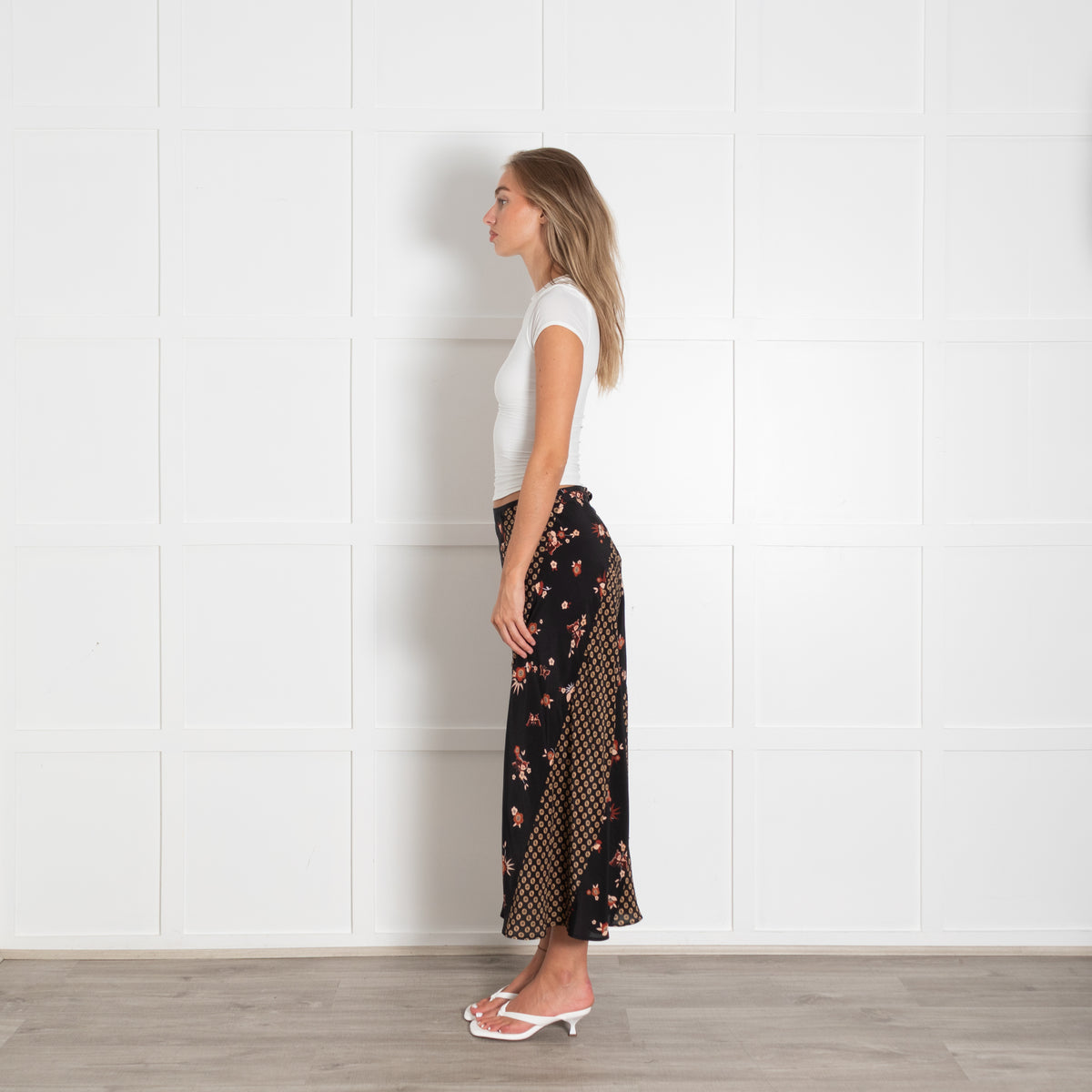 Rixo Black Silk Floral Geometric Print Midi Skirt