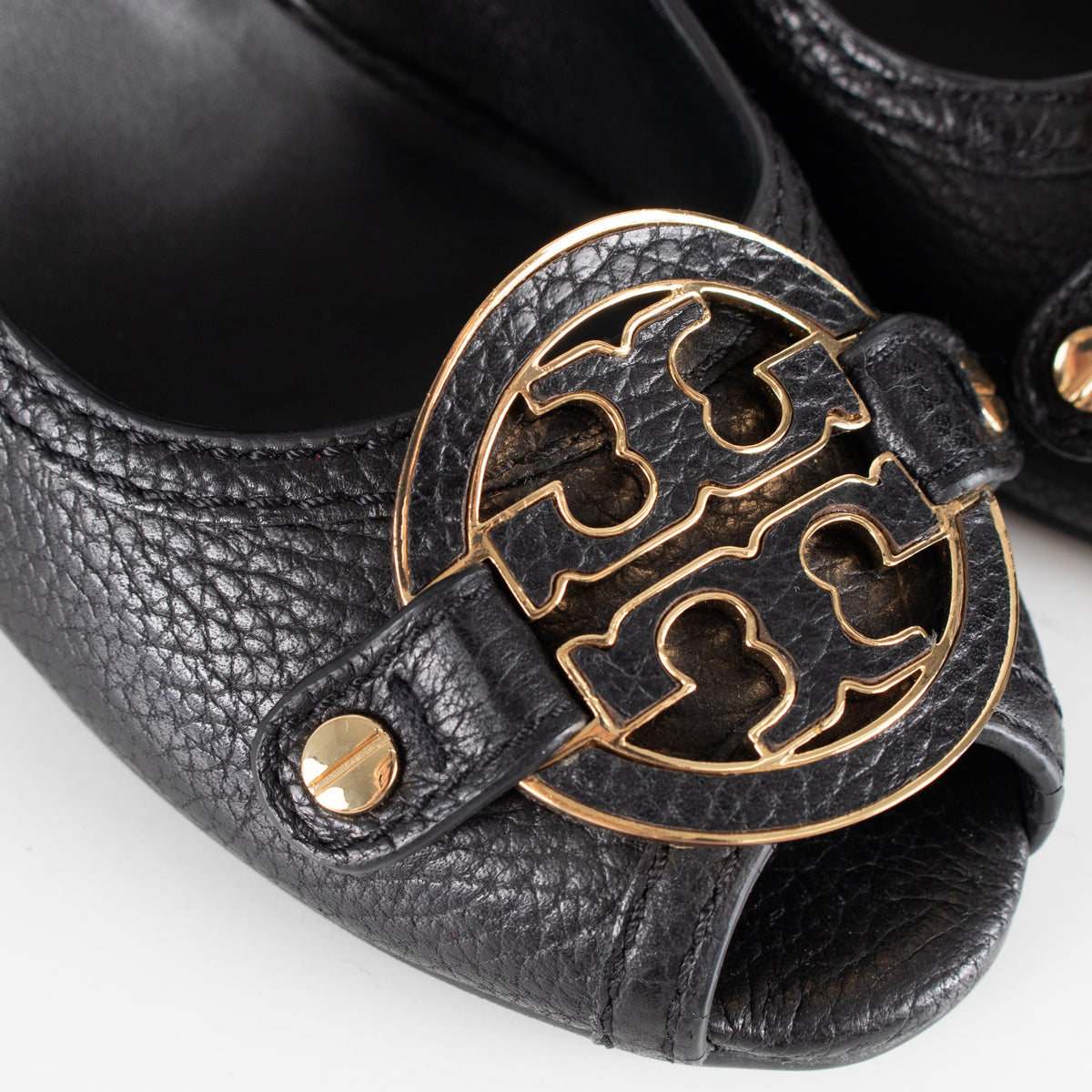 Tory Burch Black Grainy Leather & Gold Medallion Wedge Heels