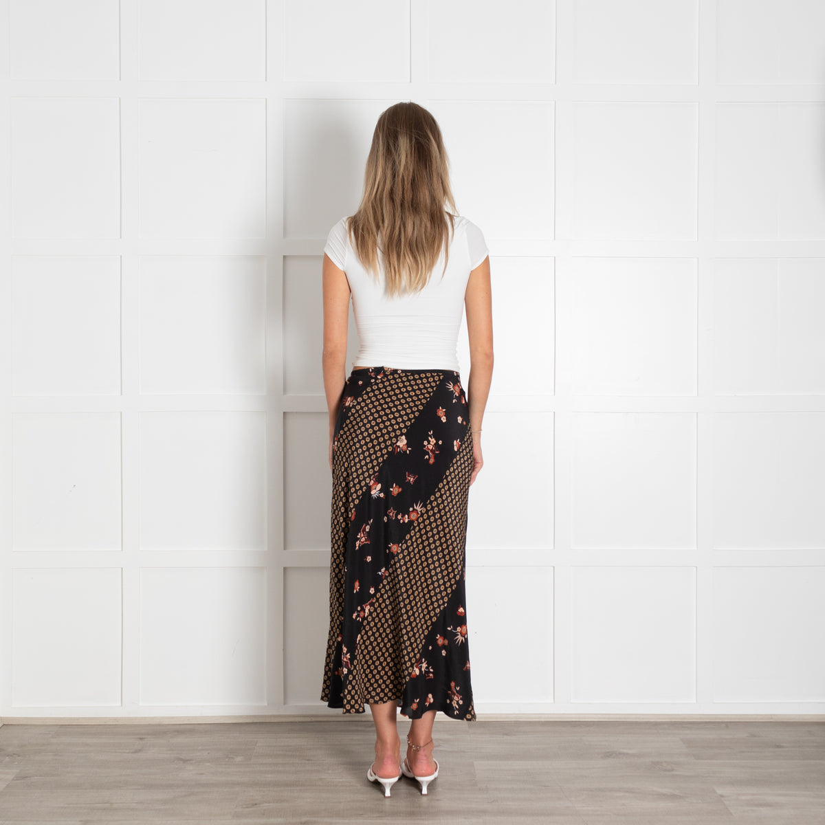 Rixo Black Silk Floral Geometric Print Midi Skirt