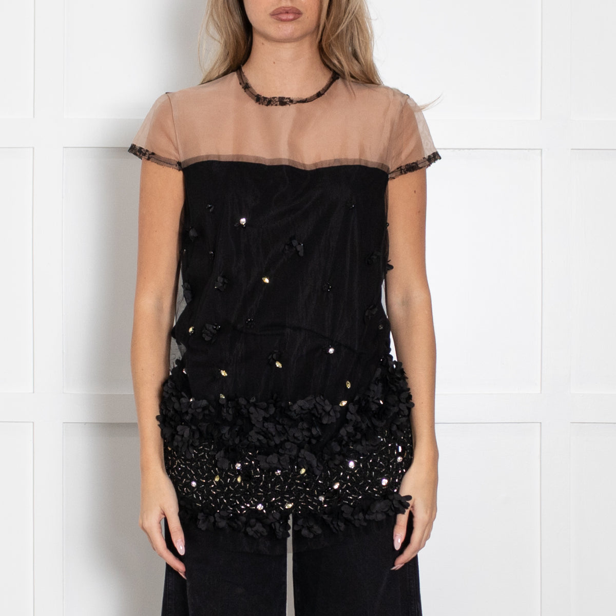 Max Mara Black Embellished Short Sleeve Top