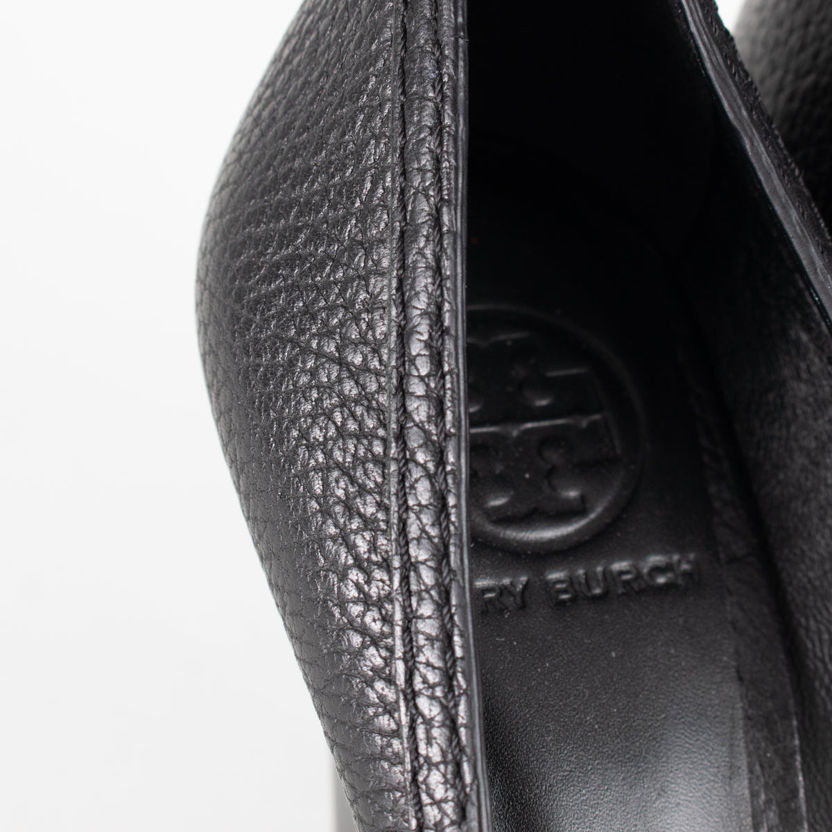 Tory Burch Black Grainy Leather & Gold Medallion Wedge Heels