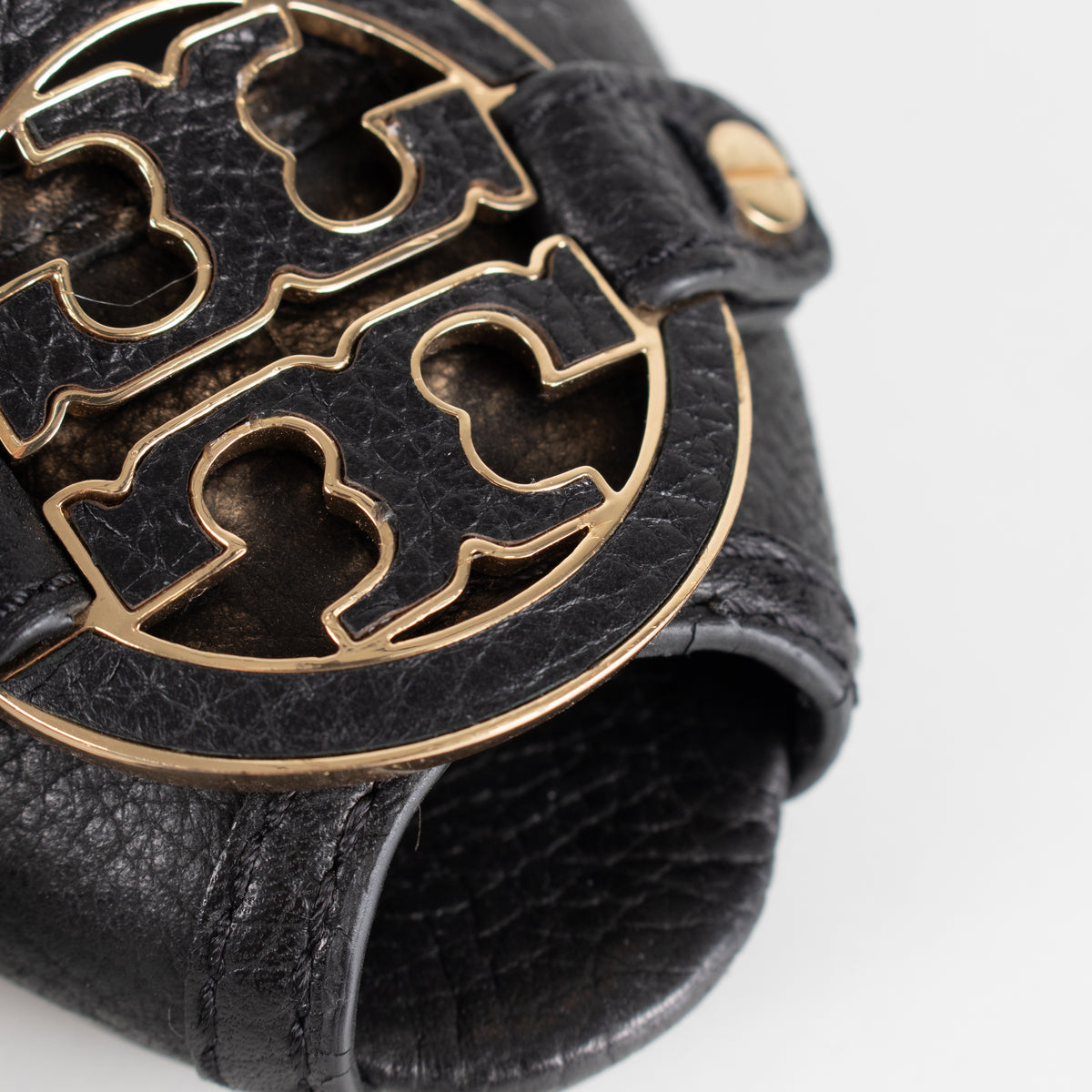 Tory Burch Black Grainy Leather & Gold Medallion Wedge Heels