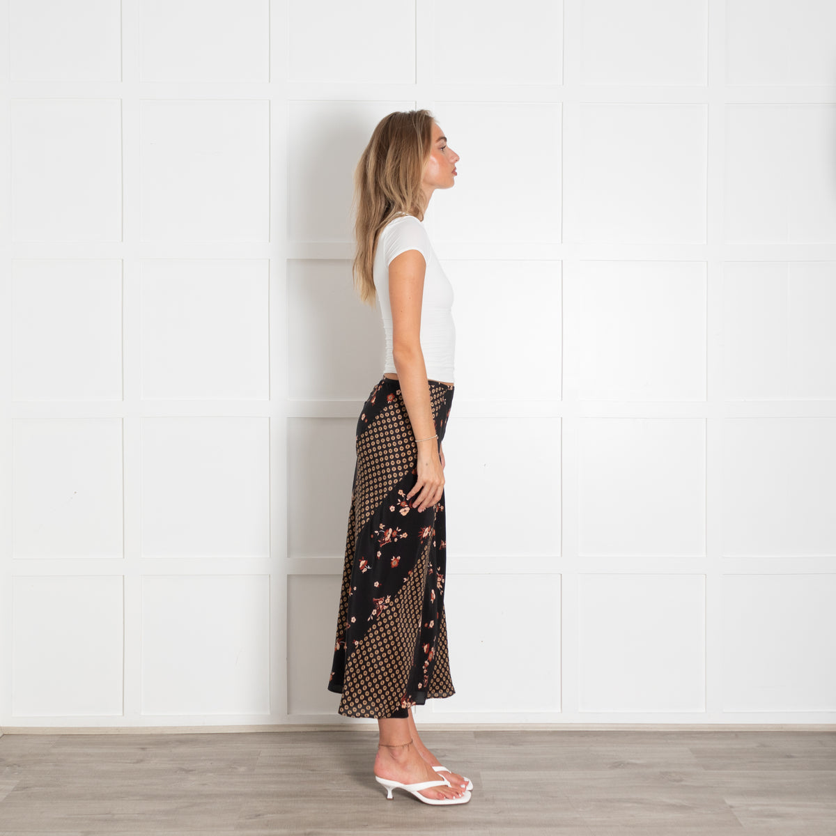 Rixo Black Silk Floral Geometric Print Midi Skirt