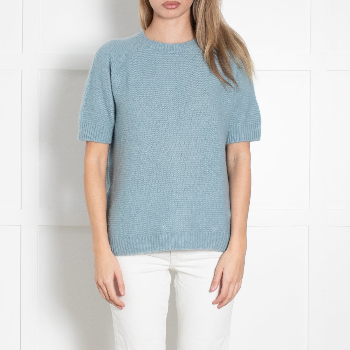 Max Mara Blue Short Sleeve Cashmere Silk Knit Sweater