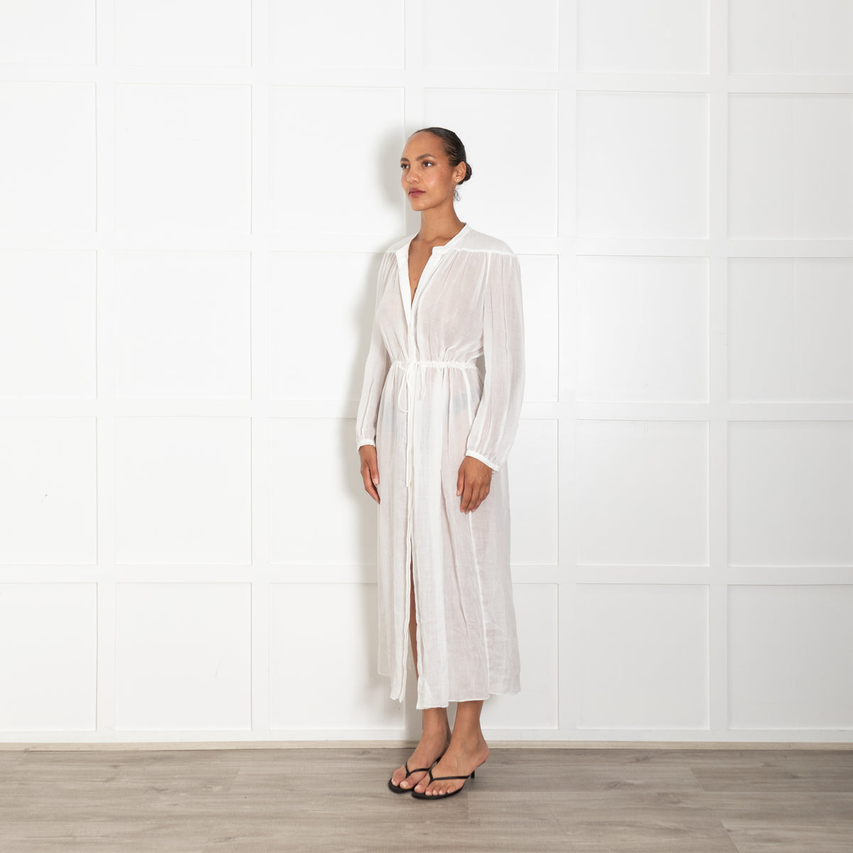 Three Graces White Ramie Sheer Maxi Shirt Dress With Drawstring Waist