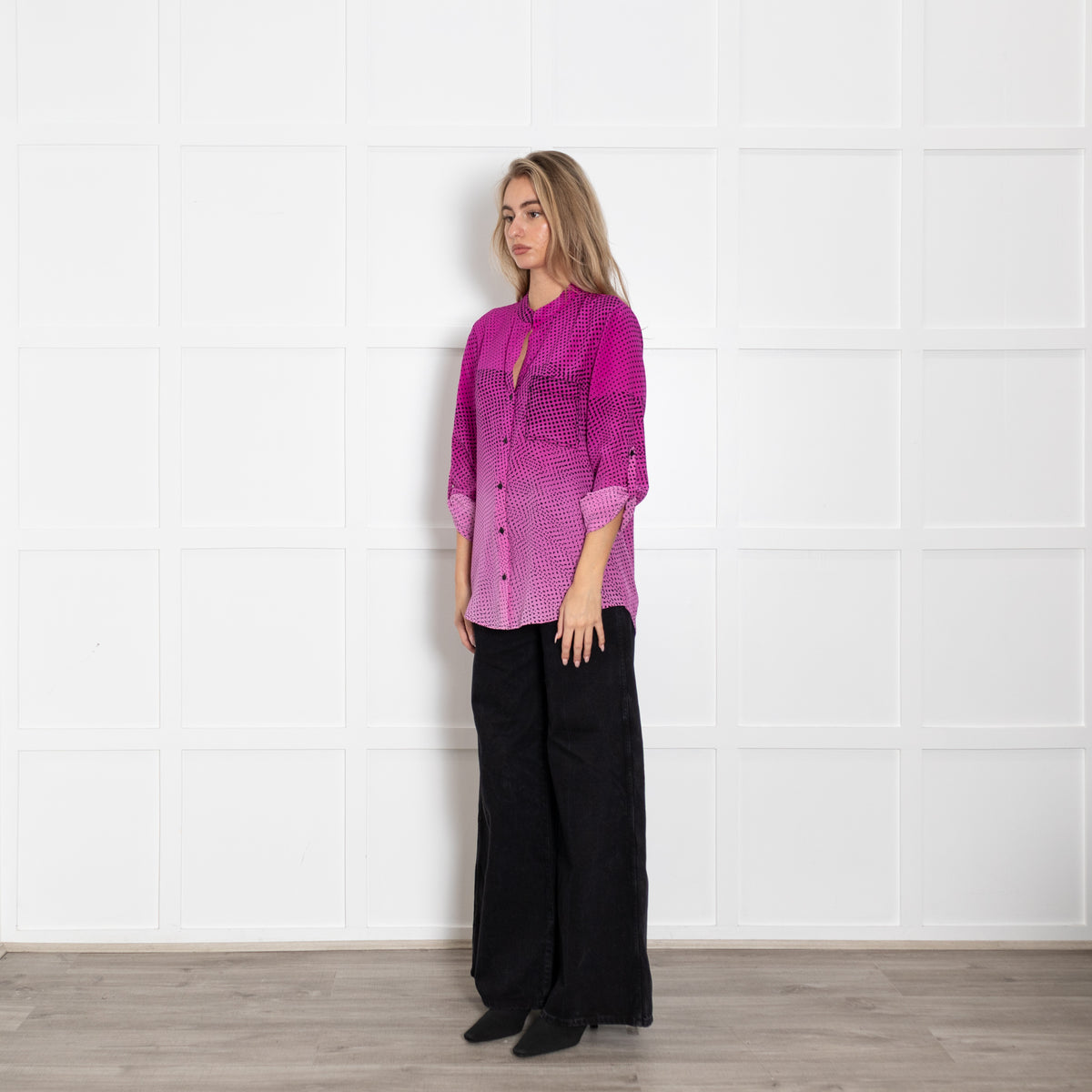 Diane Von Furstenberg Pink Ombre Black Print Silk Blouse