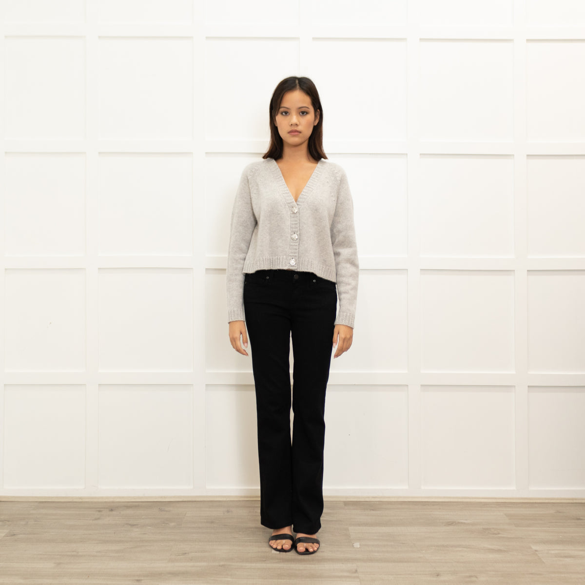 Ba&Sh Pale Grey Cashmere Diamante Button Cropped Cardigan