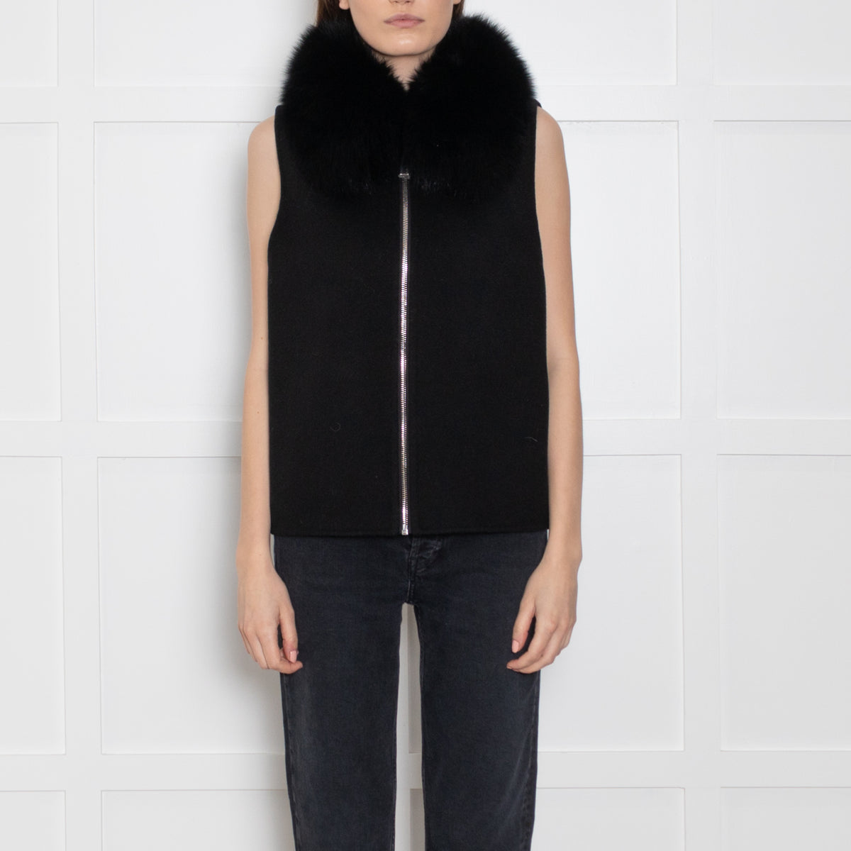 Max & Moi Black Wool Gilet With Blue Fox Collar
