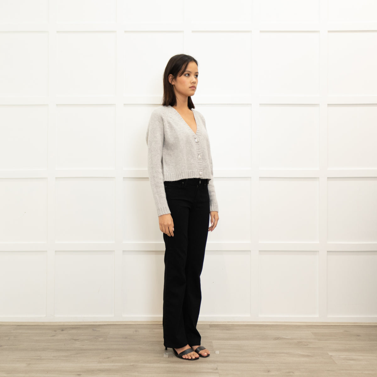 Ba&Sh Pale Grey Cashmere Diamante Button Cropped Cardigan