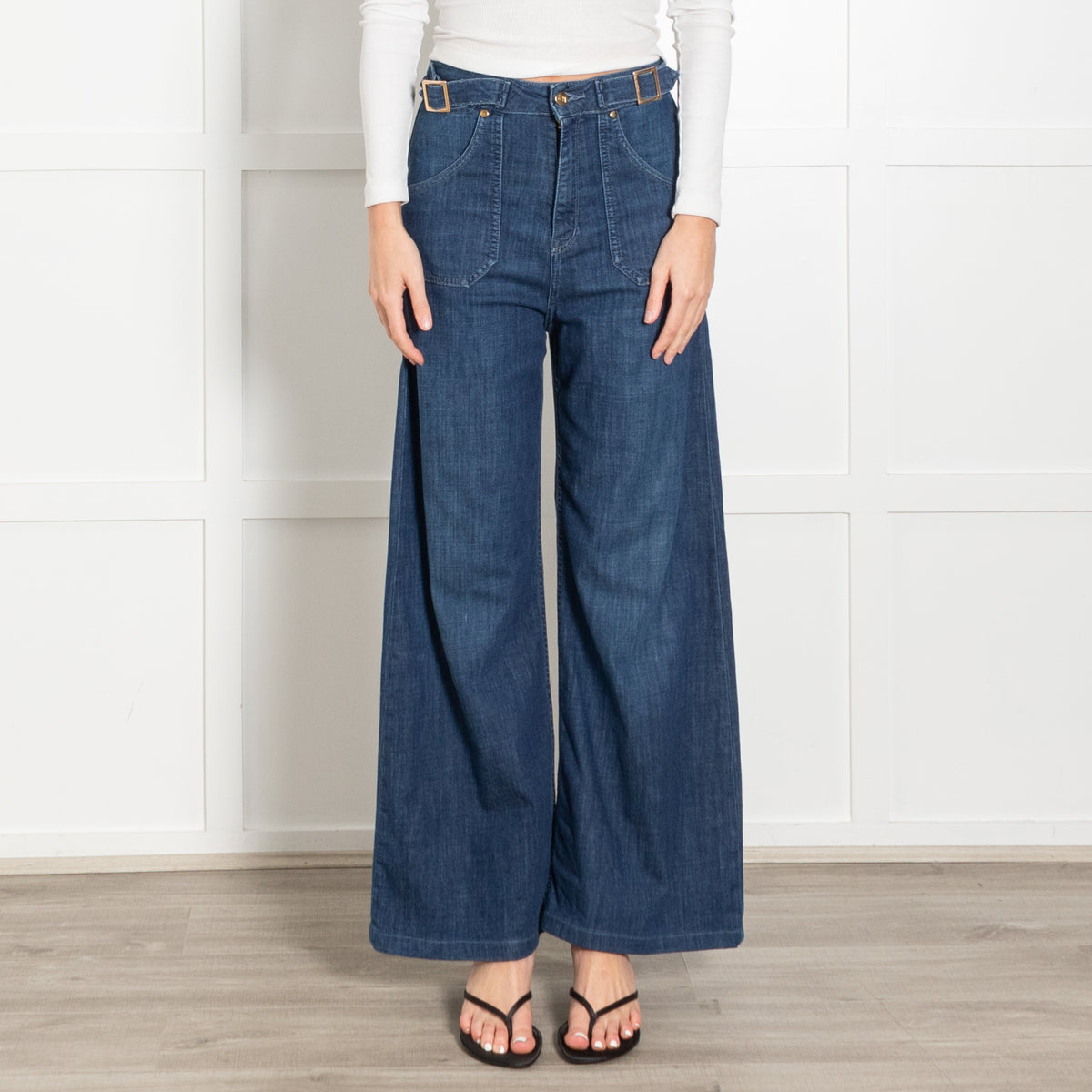 Ida Blue High Waisted Front Pocket Detail Wide Leg Jeans