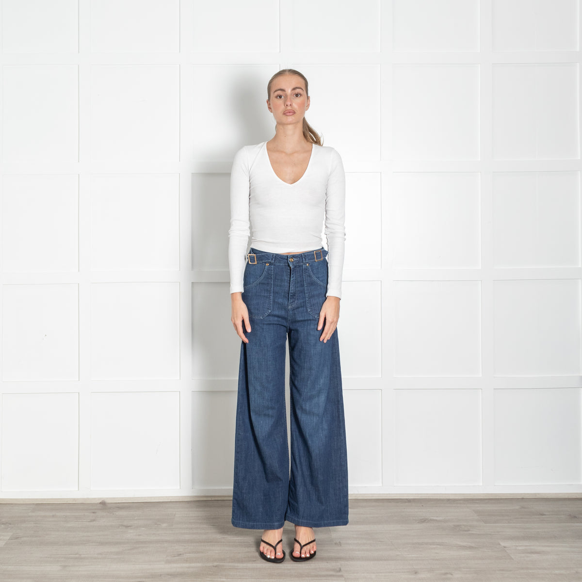 Ida Blue High Waisted Front Pocket Detail Wide Leg Jeans
