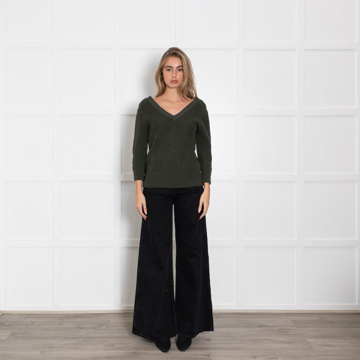 Chloe Khaki Cotton Knit V-Neck Top