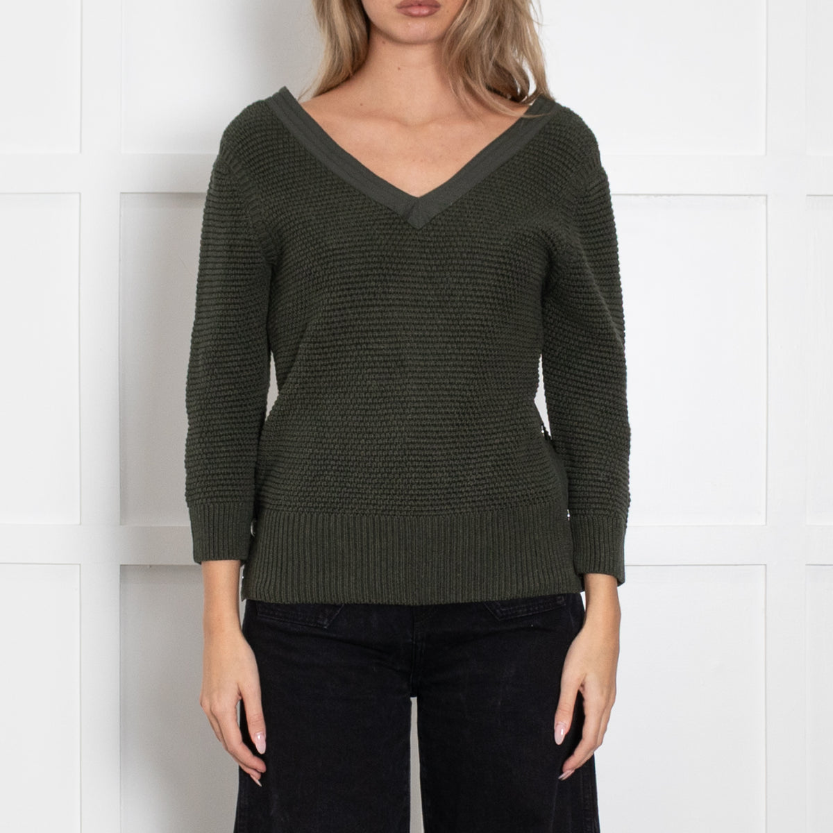 Chloe Khaki Cotton Knit V-Neck Top