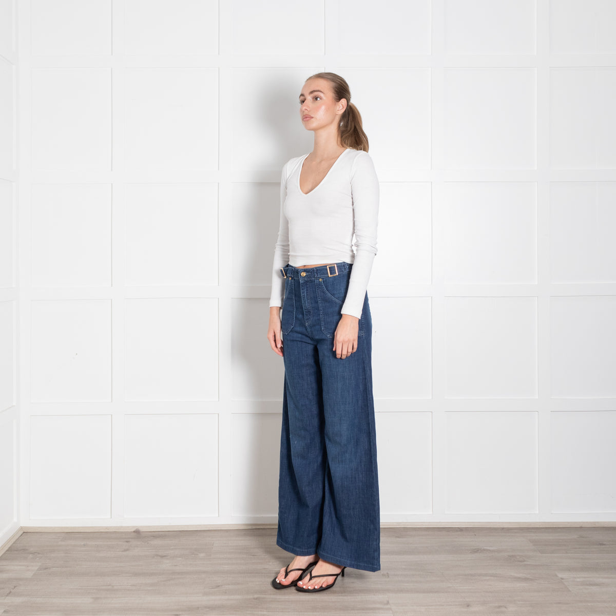 Ida Blue High Waisted Front Pocket Detail Wide Leg Jeans