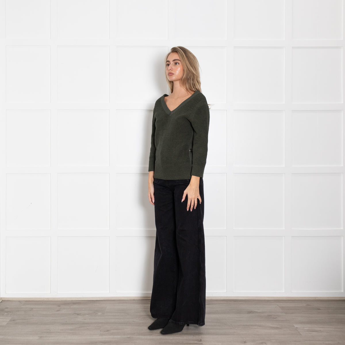 Chloe Khaki Cotton Knit V-Neck Top