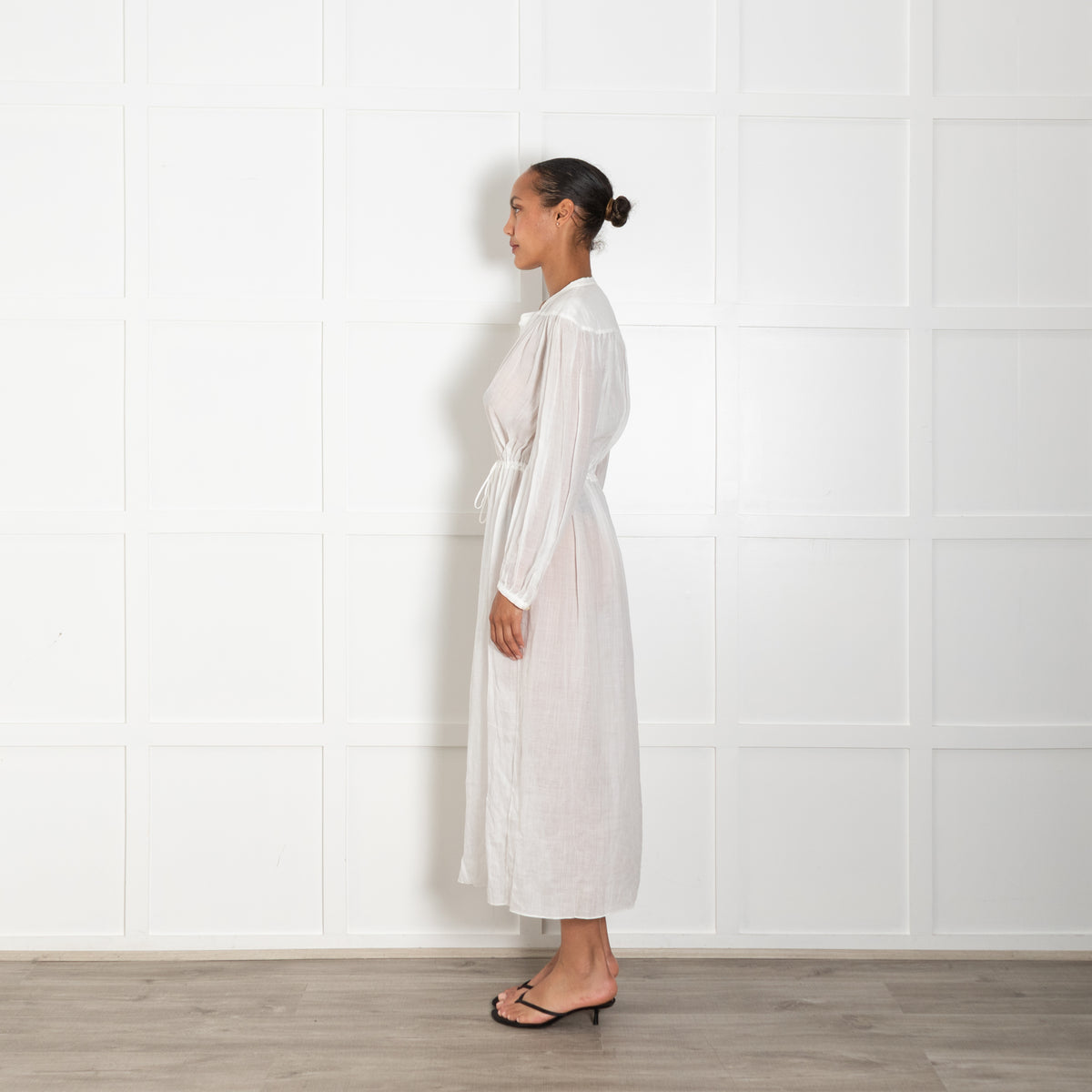 Three Graces White Ramie Sheer Maxi Shirt Dress With Drawstring Waist