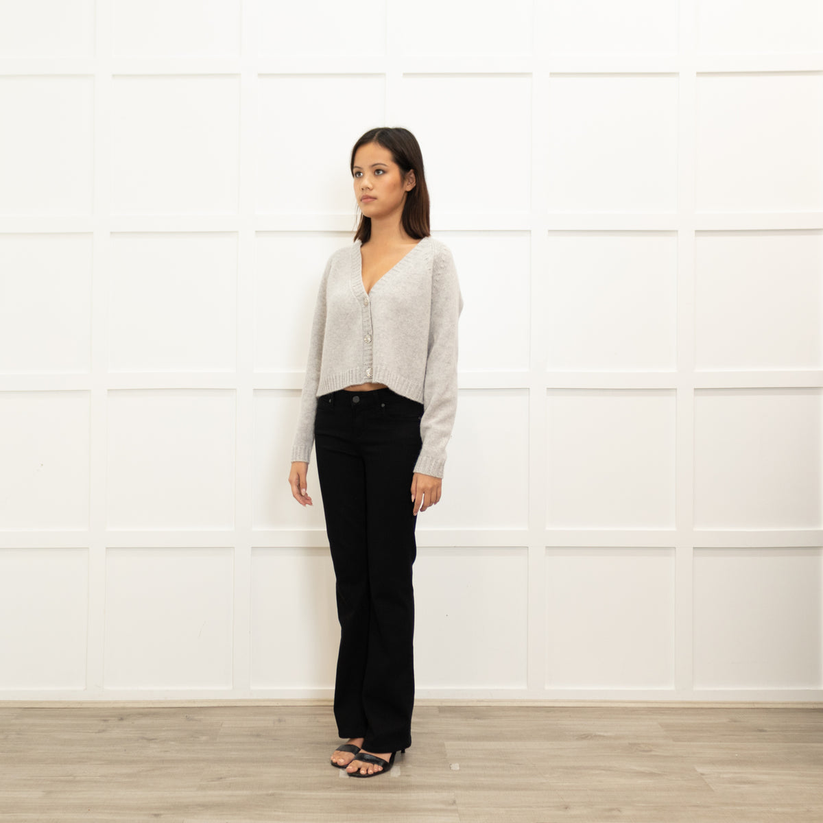 Ba&Sh Pale Grey Cashmere Diamante Button Cropped Cardigan